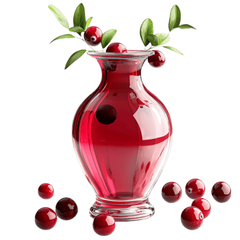 Elegant red glass vase filled fresh cranberries green leaves png