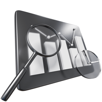 A magnifying glass and bar graph on a tablet png