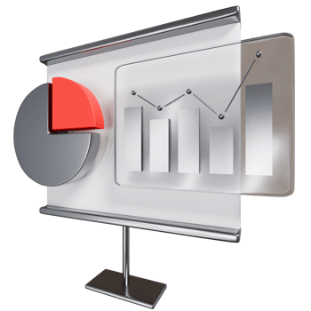 A presentation board with a pie chart and a red bar png