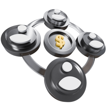 3D illustration or icon representing a business team, featuring interconnected figures and a dollar sign png