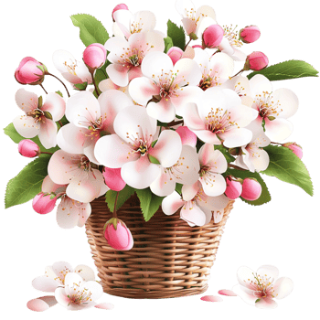 Charming Woven Basket Overflowing Fresh White Blossoms Lush Greenery png