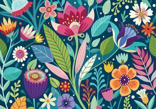 Vibrant Floral Pattern Colorful Flowers, Leaves, and Artistic Design vector