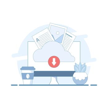 Cloud Based Data Upload Concept. Cloud Storage with Documents. Uploading and downloading of information and data processing, cloud storage or data transfer services. Flat illustration. vector