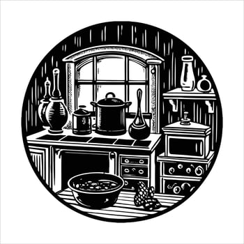 A kitchen scene with various pots vector