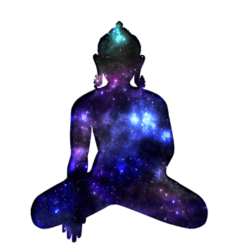 Silhouette of sitting Buddha with space and stars. The symbol of Hinduism, Buddhism, spirituality and enlightenment png