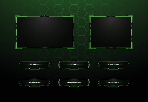 Modern tech inspired streaming overlay design featuring a dark background with vibrant green accents. vector