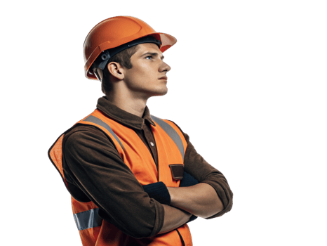 focused tech worker in orange safety vest and helmet stands confidently, showcasing professionalism and readiness for job png