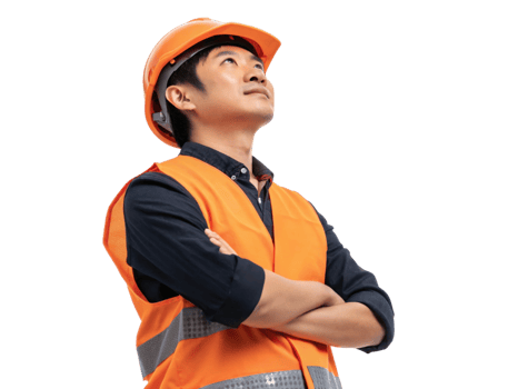 tech worker in orange safety vest and helmet, looking up thoughtfully, embodying professionalism and focus in construction png
