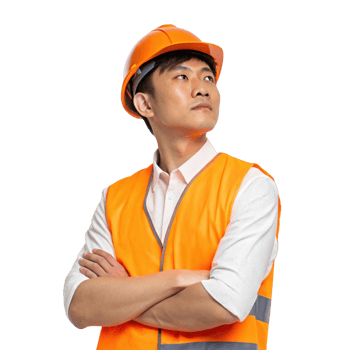 confident tech worker in orange safety vest and hard hat looks upward, embodying determination and professionalism png