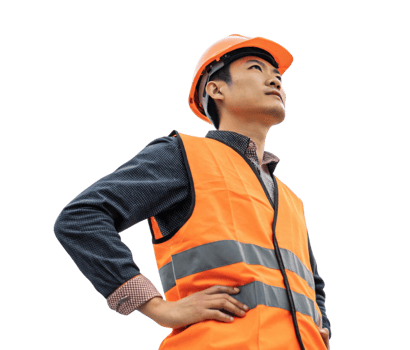 confident tech worker in orange safety vest and helmet stands with thoughtful expression, showcasing professionalism and readiness png