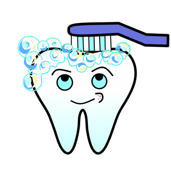 A cute cartoon illustration of a smiling tooth with expressive eyes, being brushed with a blue toothbrush. The tooth is surrounded by colorful soap bubbles, creating a fun and hygienic vibe. png