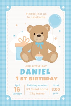 Birthday invitation card for boy. Cute teddy bear with cake, gift box and balloon. Birthday celebration. Card with teddy bear. Template for bithday party invitation. vector