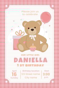 Birthday invitation card for girl. Cute teddy bear with cake, gift box and balloon. Birthday celebration. Card with teddy bear. Template for bithday party invitation. vector