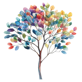 A watercolor painting depicting a tree with colorful leaves and branches png