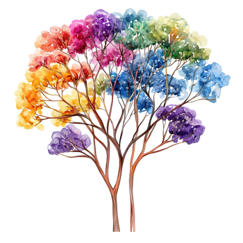 A whimsical colorful watercolor tree with branches and vibrant leaves png