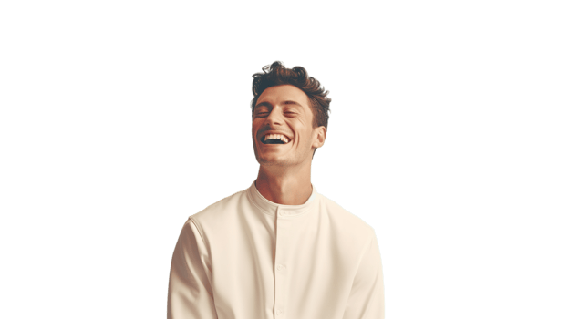 Man laughing isolated on transparent background, happy expression, cheerful, energetic, smiling png