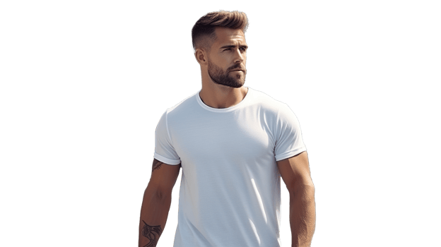 Male Wearing White T-shirt Mockup Template on Transparent. Casual Shirt Design Placement png