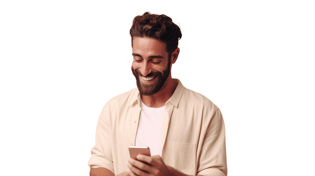 Smiling Man Holding a Phone Isolated on Transparent png