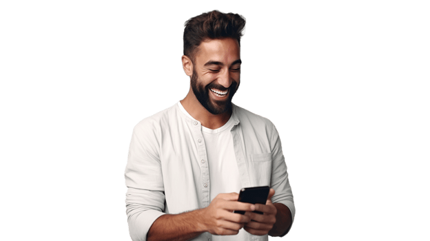 Smiling Man Holding a Phone Isolated on Transparent Background png