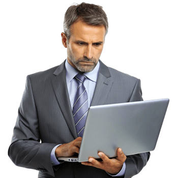Focused businessman analyzing data on laptop in office environment professional attire serious mood png