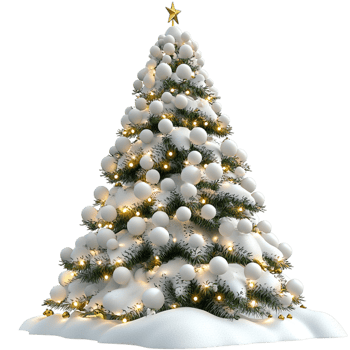 Beautifully decorated Christmas tree covered in white snow adorned twinkling golden lights elegant ornaments spreading holiy cheer everywhere. png