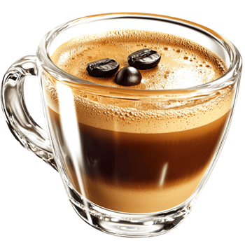 Glass cup filled freshly brewed espresso topped a creamy layer of foam offering a strong rich aromatic coffee experience. png