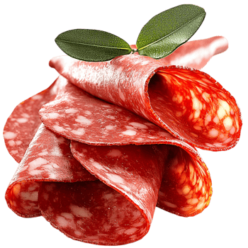 Thinly sliced red salami arranged neatly visible marbling looking flavorful rich ready for making delicious swiches appetizers. png