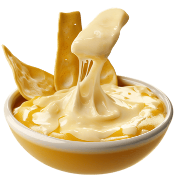 Bowl of melted cheese crispy tortilla chips dipped in creamy goodness offering a mouthwatering indulgent delicious snack experience. png