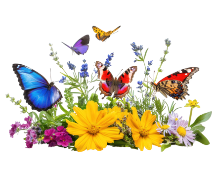 vibrant butterfly garden featuring colorful flowers and various butterflies, creating lively and cheerful atmosphere. Perfect for nature lovers and garden enthusiasts png