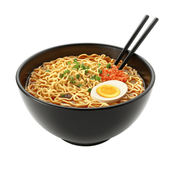 A bowl of delicious noodles with egg and chopsticks png
