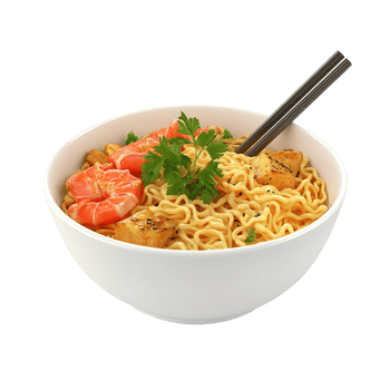 A delicious bowl of noodles with shrimp and tofu garnishes png