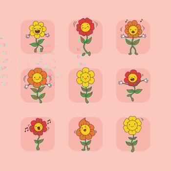 Nine Cute Cartoon Flowers in Playful Movements vector