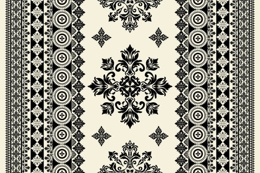 Seamless black floral damask shape with geometric ethnic tradition pattern texture on pastel yellow background vector