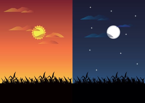 Day and night meadow view background. vector