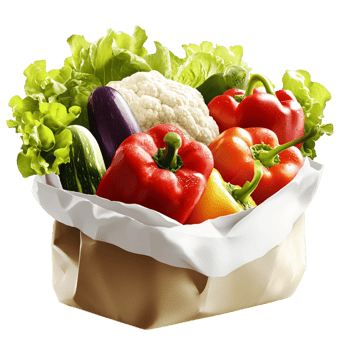 Vivid organic produce packed in a rustic paper bag, brimming leafy greens, tomatoes, wholesome carrots. png