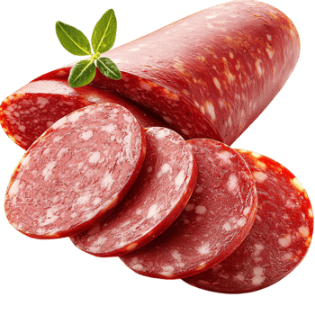 Savory crimson salami, thinly cut rich marbling, primed for tasty swiches or appetizers. png
