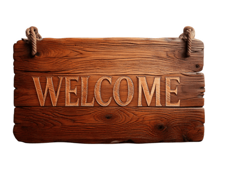 Welcome sign made of wood with rustic design, perfect for home entryways or businesses. This charming piece adds warmth and hospitality to any space png