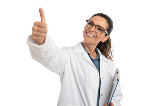 Smiling healthcare professional giving thumbs up, showcasing confidence and positivity in biotechnology research and development png