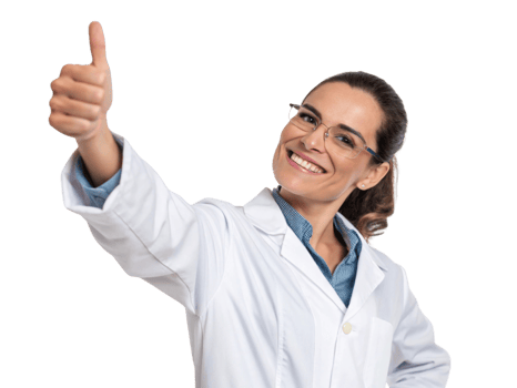 Smiling female scientist in lab coat giving thumbs up, representing positivity and innovation in biotechnology png
