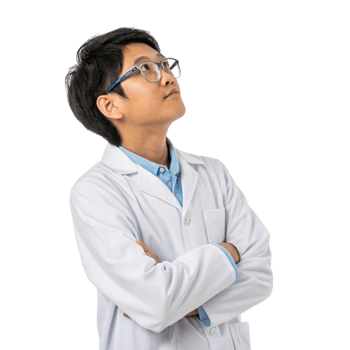 Young scientist in lab coat, contemplating future of biotechnology with curiosity and ambition png