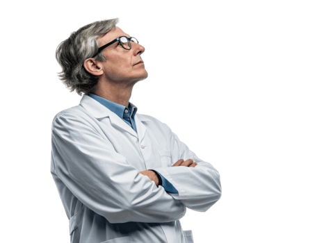 The thoughtful scientist in lab coat, contemplating advancements in biotechnology and research. His expression reflects curiosity and determination png