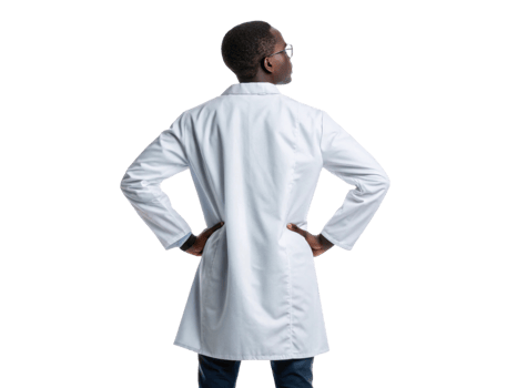 confident scientist in white lab coat stands with hands on hips, showcasing sense of determination and professionalism in biotechnology png