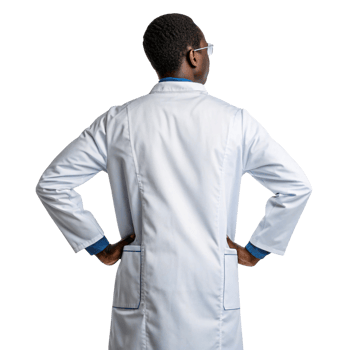 confident scientist in lab coat stands with hands on hips, showcasing sense of determination and focus in field of biotechnology png