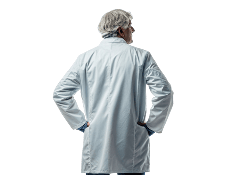 senior scientist in lab coat stands confidently, embodying spirit of innovation in biotechnology and research png