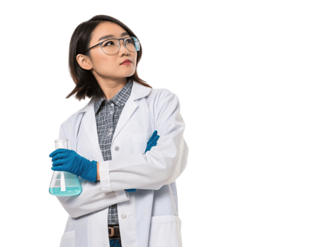 thoughtful scientist in lab coat, showcasing biotechnology with flask in hand, pondering innovative solutions png