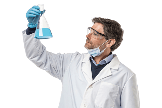 scientist lab coat examines blue liquid flask, showcasing biotechnology and research. His focused expression reflects curiosity and innovation png
