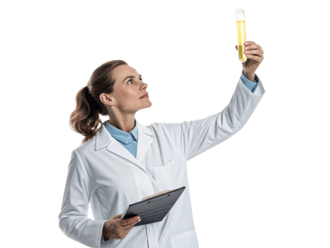 scientist in lab coat examines test tube with focused expression, showcasing importance of biotechnology in research and innovation png
