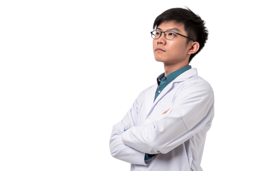 confident scientist in lab coat stands with arms crossed, embodying spirit of innovation in biotechnology and research png