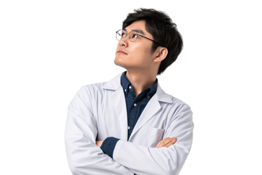 A thoughtful scientist in lab coat, contemplating advancements in biotechnology and research. His expression reflects curiosity and determination png