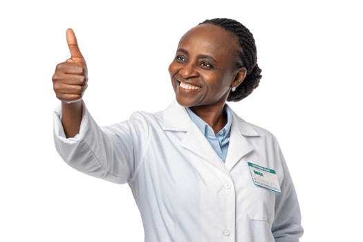 smiling healthcare professional in lab coat gives thumbs up, representing positivity and confidence in biotechnology png
